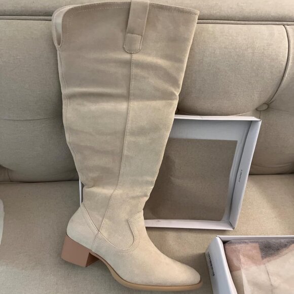🆕Women's Beige Faux Suede Over The Knee Thigh High Chunky Heel Pointed Toe Boot - Picture 4 of 13